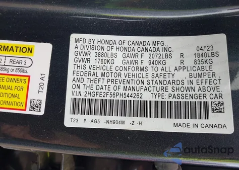 2023 Honda Civic Sport from USA, damaged, VIN 2HGFE2F56PH544262